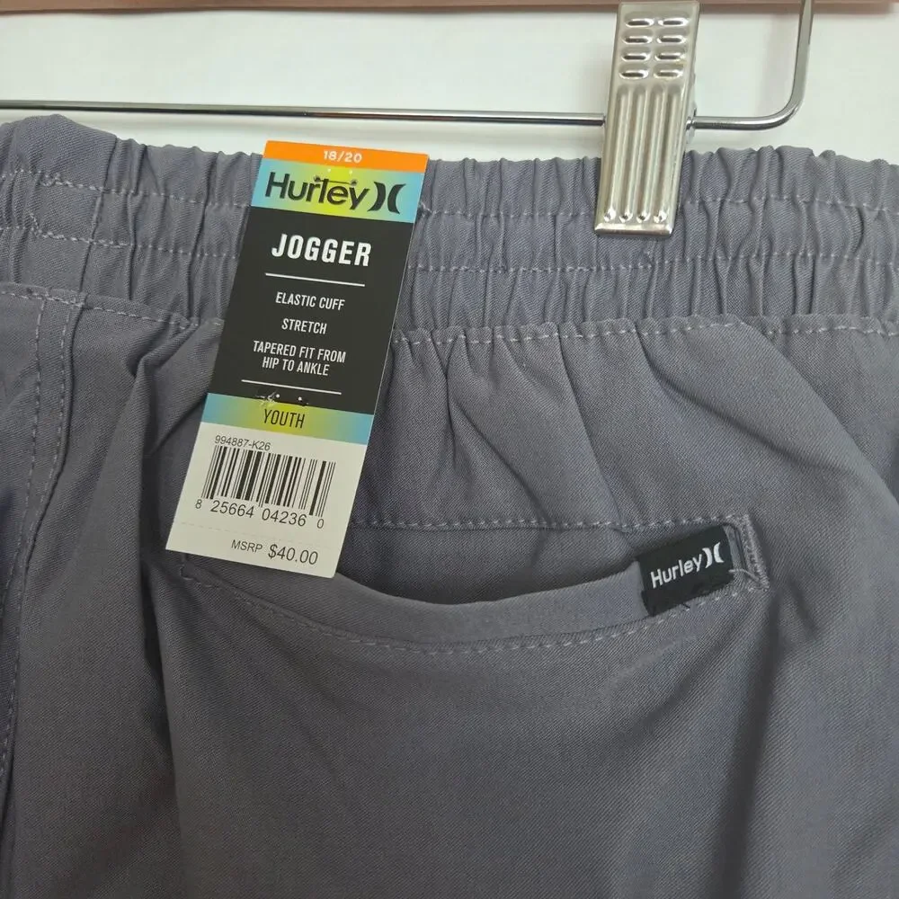 NEW Hurley Youth Boys Sz 18-20 Gray Tapered Fit Jogger Pockets Elastic Waist